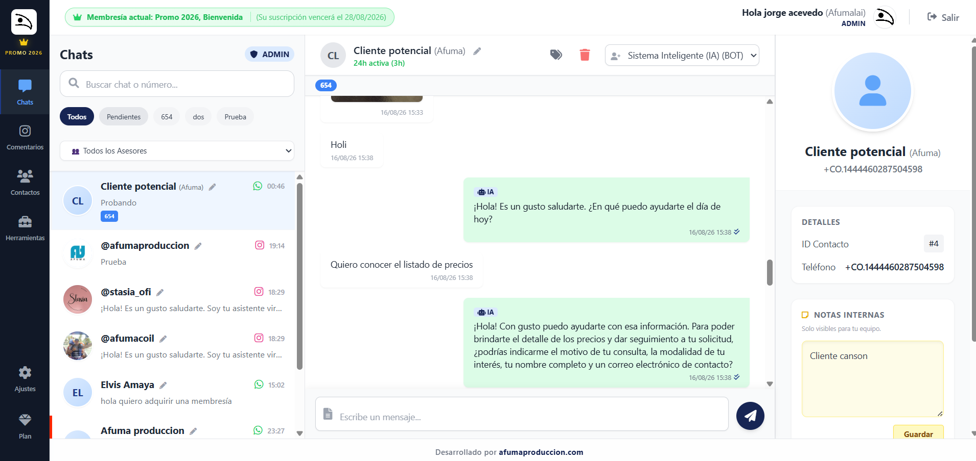 Vista previa del panel CRM PicoFlow para WhatsApp e Instagram